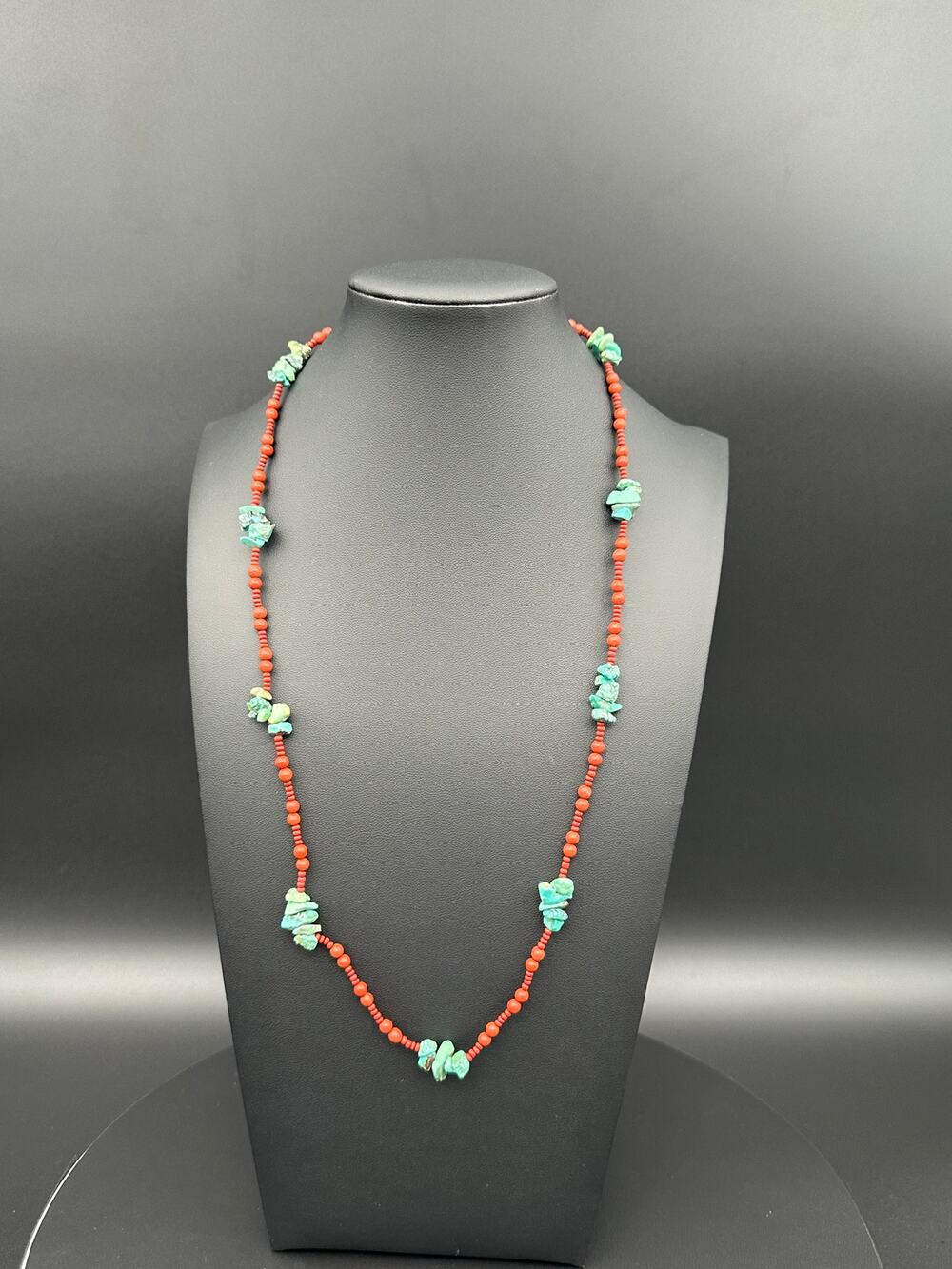Vintage Southwestern Coral Bead Turquoise Nugget Cluster Necklace